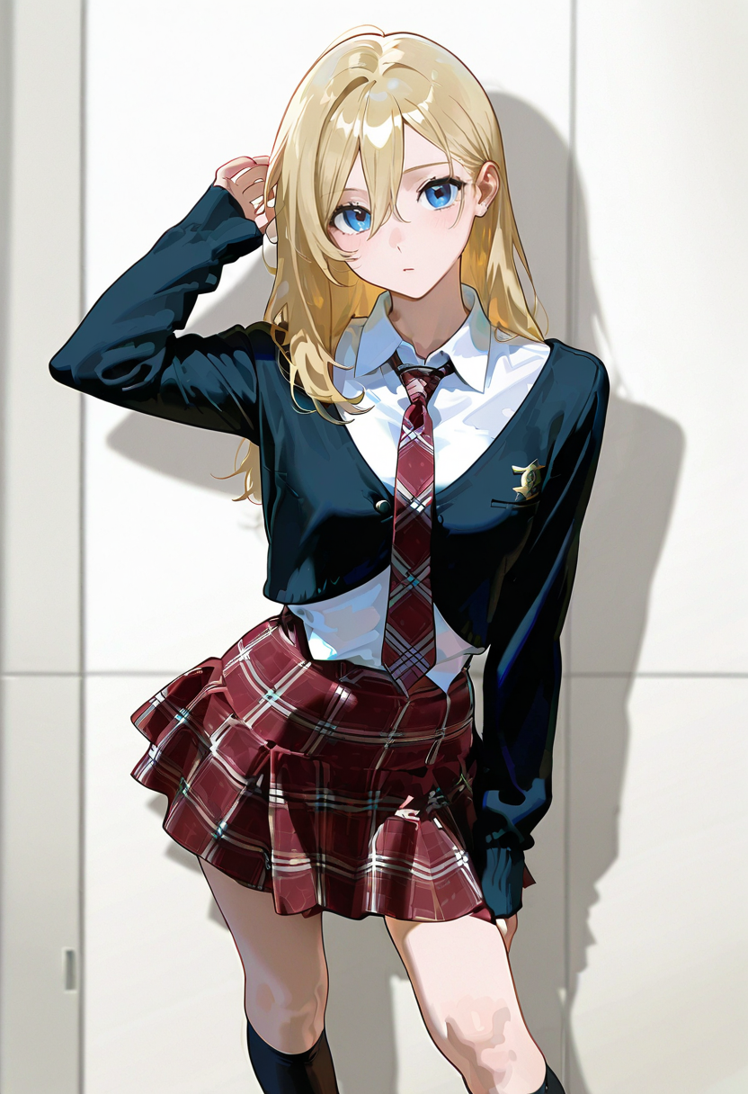 1girl,solo,looking at viewer, echo (circa), ssg skirt, necktie, plaid, socks, school uniform, white shirt, plaid skirt, jacket, krista_lenz
