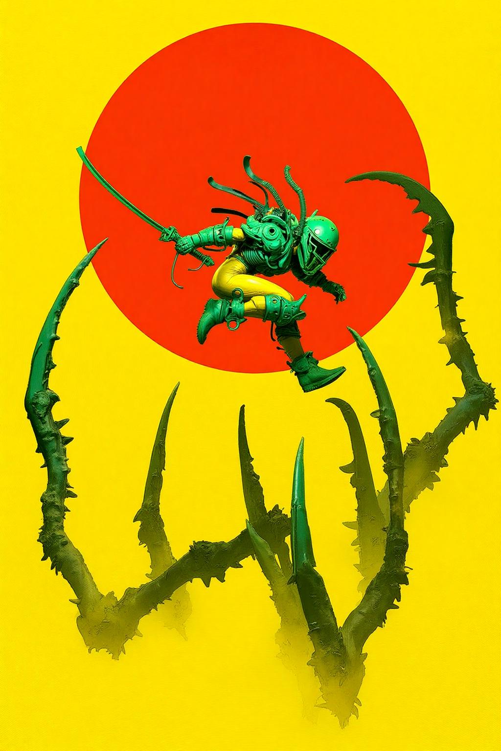 pascalblanche1 illustration. 
A figure in a green and yellow armored suit with helmet and mechanical components is holding a sword and leaping toward sharp, claw-like appendages extending from the ground. The background is bright yellow with a large red circle in the center. <lora:pascalblanche1_cap_d8a4:1.0><lora:860255425013008832:0>