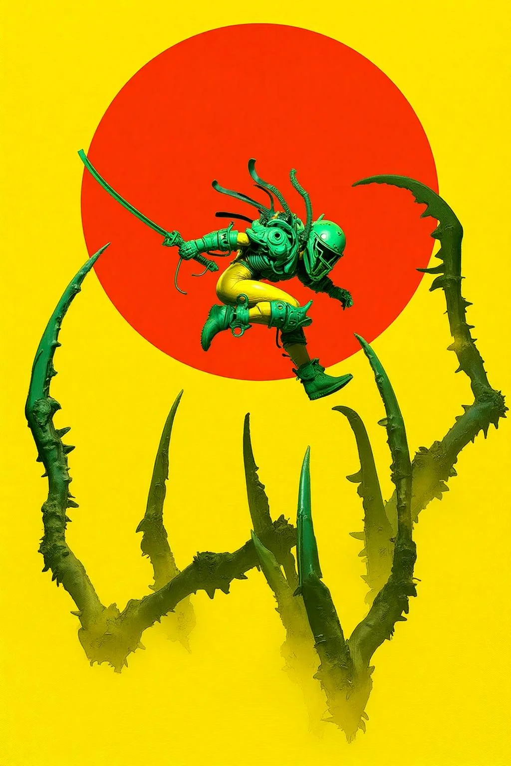 pascalblanche1 illustration. 
A figure in a green and yellow armored suit with helmet and mechanical components is holding a sword and leaping toward sharp, claw-like appendages extending from the ground. The background is bright yellow with a large red circle in the center. <lora:pascalblanche1_cap_d8a4:1.0><lora:860255425013008832:0>