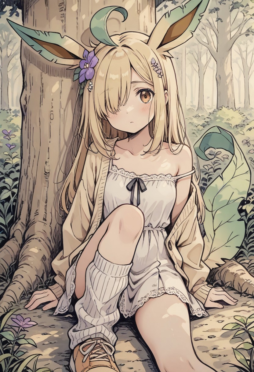 bill_watterson_style, tim_burton_style, aoki_ume_style, linear_hatching, spot_color, watercolor_pencil_medium, perfect perspective,
1girl, leafeon_cosplay, animal_ears, leaf_on_head, (braided_bangs), hair over one eye, long hair, tail, lace-trim skirt, light-brown open cardigan off one shoulder, loose socks, purple flower hair ornament, sitting, against tree, knee up
