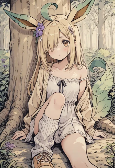 bill_watterson_style, tim_burton_style, aoki_ume_style, linear_hatching, spot_color, watercolor_pencil_medium, perfect perspective,
1girl, leafeon_cosplay, animal_ears, leaf_on_head, (braided_bangs), hair over one eye, long hair, tail, lace-trim skirt, light-brown open cardigan off one shoulder, loose socks, purple flower hair ornament, sitting, against tree, knee up
