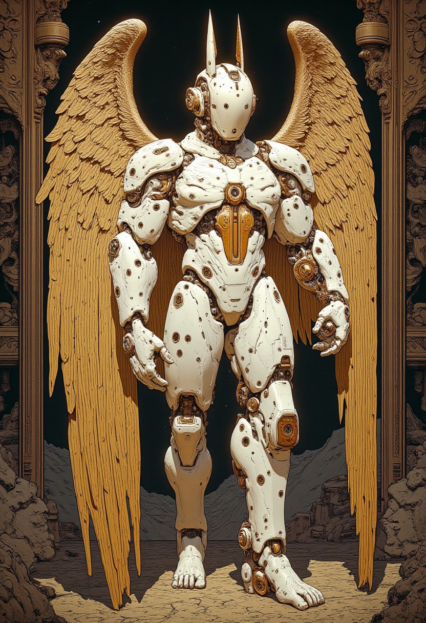 A full body shot of a mechanical angel, gold white, art nouveau style, Intricate detail, ambient lighting, cyberpunk setting, intricate scenery, , cyberpunk,