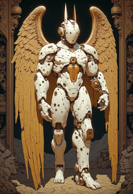 A full body shot of a mechanical angel, gold white, art nouveau style, Intricate detail, ambient lighting, cyberpunk setting, intricate scenery, , cyberpunk,