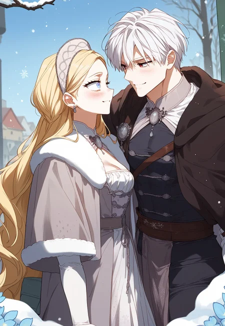 zPDXL3, score_9_up, score_8_up, score_7_up, (Anime_source), 1girl, Rudbeckia, blue eyes, blonde hair, long hair,Ruby winter clothes, 1boy, Iske, red eyes, white hair, cowboy shot, looking at each other, smile, little blush, particles
