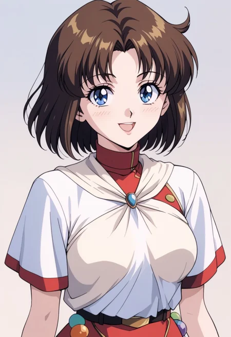 lilith (megami paradise), brown hair, short hair, blue eyes,
light yellow neckerchief, short sleeves, wristband, white_skirt, white_ miniskirt, belt, socks, brown_footwear
1990s (style), retro artstyle,
<lora:lilith (megami paradise)_pony_v1:1>
standing, dynamic pose ,
open mouth, blush,light smile
looking at viewer,upper body, close-up
outdoors,, score_9, score_8_up, score_7_up, best quapoty, highres, absurdres, source_anime, zPDXL3, 1girl,solo