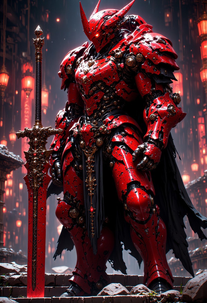 cinematic film still cinematic film still stylized by Sam Mayle, photograph, concept art, breathtaking red armored cybernetic robot, cloake black and golden shinobi, cyberpunk demon helmet, futuristic, exosuit, tactical, advanced gear, hero pose, highly detailed, futuristic, intricate, elegant, standing in a cyberpunk shinto shrine, distantfuture, mythp0rt, hkstyle