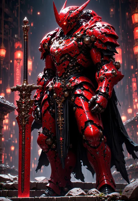 cinematic film still cinematic film still stylized by Sam Mayle, photograph, concept art, breathtaking red armored cybernetic robot, cloake black and golden shinobi, cyberpunk demon helmet, futuristic, exosuit, tactical, advanced gear, hero pose, highly detailed, futuristic, intricate, elegant, standing in a cyberpunk shinto shrine, distantfuture, mythp0rt, hkstyle