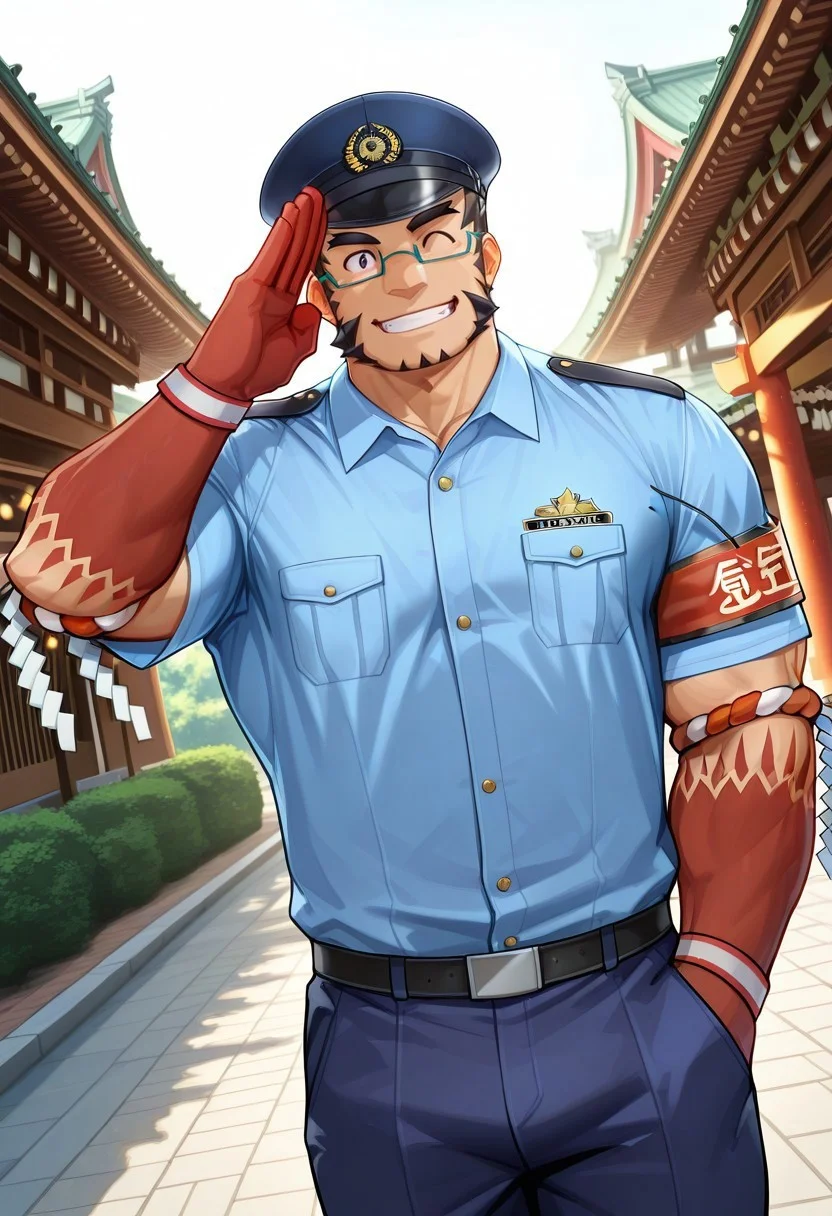 core_9, score_8_up, score_7_up, score_6_up, perfect anatomy, perfect proportions, best quality, masterpiece, high_resolution, high quality, best aesthetic, incredibly absurdres, highres, extremely detailed, huge filesize, (gay, homo, bara, male focus, male only, mature, masculine, manly, hunk, virile:1.2), handsome, charming, alluring, dutch angle, cowboy shot, official style \(Tokyo Afterschool Summoners\), smile, Tajikarao, TASTajikarao, black hair, short hair, black eyes, thick eyebrows, sideburns, facial hair, beard, tusks, red hands, colored hands, Tajikarao_outfit01, Japanese police uniform, light blue collared shirt, short sleeves, rank slides, glasses, Japanese police peaked cap, left armband, wristbands, twisted elbow band with Shide, dark blue pants, outdoors, shading, countershading, detailed shading, detailed skin, realistic shading, intricate details, movie still, vibrant, vivid, stardom, glamorous, extraordinary achievement, award-winning, expressionist, cinematic still, emotional, harmonious, vignette, bokeh, cinemascope, moody, epic, gorgeous
