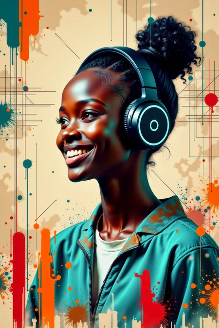 A 3/4 studio portrait photograph of an African teenage girl with ebony black skin, with cyan highlights on the skin. She has the side of her head shaved, and the hair on the back of her head done up in a bun. She is wearing large high-tech cordless bluetooth headphones, and is smiling as she listens to the music. The background is an abstract combination of a technical readout diagram and broad swatches of beige, orange, red, and cyan vertical brush stokes. <flux_realism_lora:0.42> <FluxDFaeTasticDetails:0.36> <BaroqueColorful:0.64>