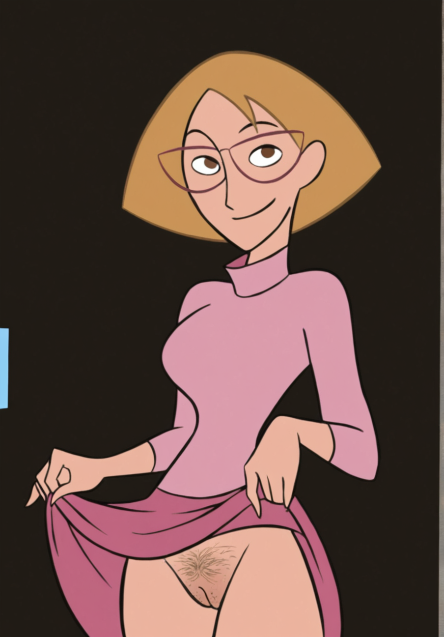 masterpiece, best quality, high quality, 

1girl, MrsStoppable, flat colors, parody, glasses, score_9, brown eyes, blonde hair, pink turtleneck, pink skirt,

simple black background, looking at viewer, smile, skirt lift, hairy pussy