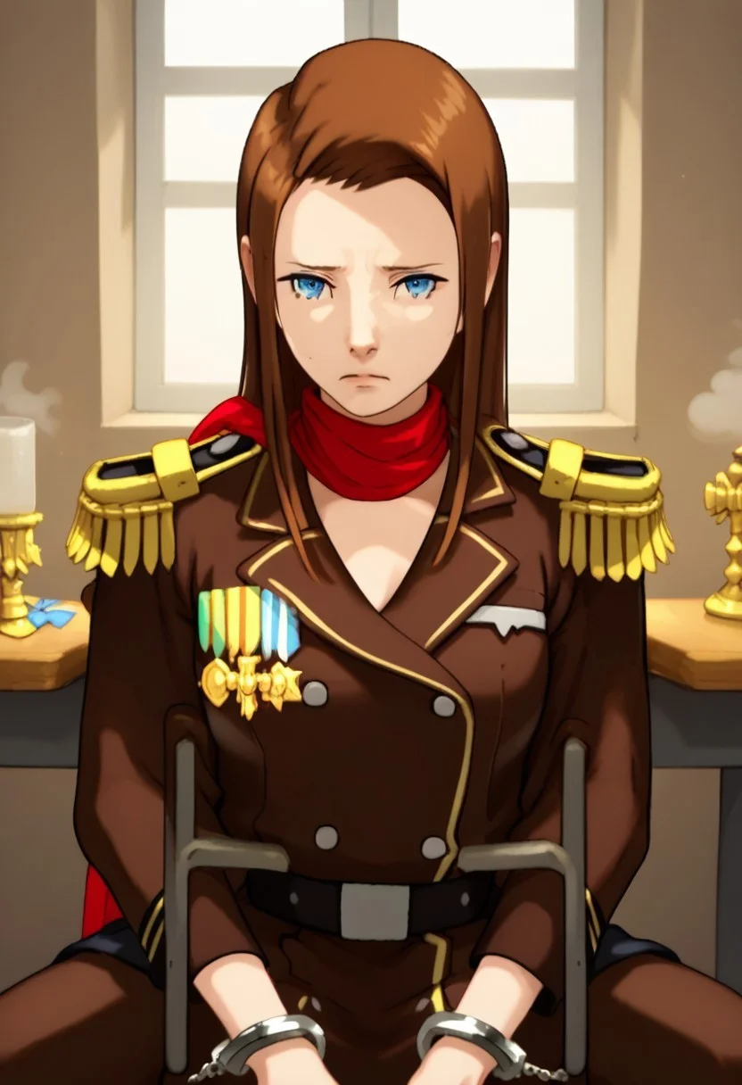 twitter watermark, score_9, score_8_up, score_7_up, source_anime, show accurate, style parody, solo, 1girl, sexy girl, face focus, Lana Skye, brown hair, long hair, straight hair, parted hair, blue eyes, military uniform, medals, epaulettes, gold trim, brown uniform, long sleeves, military jacket, belt, red scarf, black skirt, long skirt, sad, handcuffs, frown, portrait, close up, shadow, sitting, spread legs, stradding chair, ((chair, arms on backrest)), indoors, cowboy view, facing viewer, through glass window, visitor room, tiled floor, prison cell, crossed legs, wide_hips, steam cloud, looking at viewer