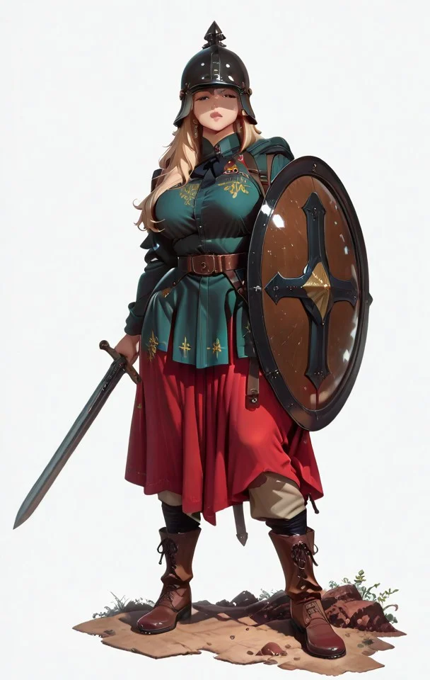 hyper-detailed, modernretroanime, Anime, anime screencap, cel shading, dramatic, sharp detail, mature female, Full-body illustration of female soldier, largebreasts, wide hips, thighs, thick thighs, atheltic female, luscious lips, wearing a detailed Niederbieber-type helmet with cross-pattern reinforcing ridges and cheek guards that can be fastened together. She wields a Spatha sword (900mm/36 inches), historically used by cavalry in the 1st and 2nd centuries. She also carries a spiculum, a heavy pilum-type javelin. She wears chain mail, an oval shield, a long-sleeved tunic, trousers, and boots, historically accurate to 3rd-4th century Roman infantry. The helmet style transitions toward an Intercisa-type. She has an hourglass physique, wide hips, luscious lips, and long flowing hair, exuding both beauty and strength. One leg is positioned straight to the side, with her foot resting on her shoulder, showcasing flexibility and power. Ultra-detailed, cinematic lighting, historical realism, 8K, dramatic pose, dynamic composition, artist:moriimee