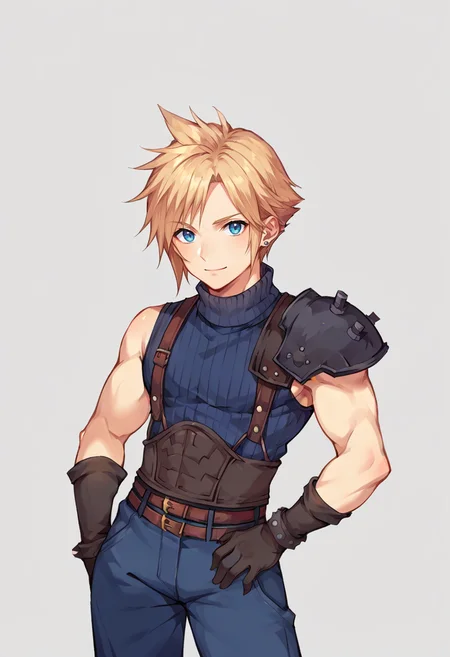 score_9, score_8_up, score_7_up, source_anime, BREAK, solo, 1boy,  <lora:DDLC-pdxl_Fp:0.8>, standing, smile, simple background, looking at viewer, cowboy shot, <lora:cloudstrife-pdxl-nvwls-v1:1>, defCloud, blonde hair, single earring, suspenders, shoulder armor, sleeveless turtleneck, belt, baggy pants, blue pants, gloves