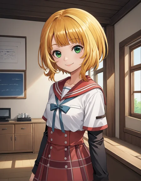 score_9, score_8_up, source_anime, 1girl, upper body, medium shot, detailed, mgrckonomiharuna, knmcsl, blonde hair, short hair, green eyes, looking at viewer, white shirt, red sailor collar, short over long sleeves, black sleeves, blue neck ribbon, red plaid skirt, light smile, indoors, (side view:0.6), <lora:mgrckonomiharuna_XL:0.95>