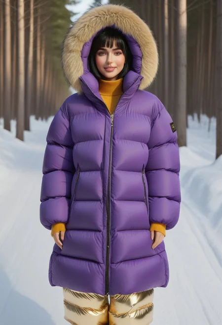 ((((puffer padded jacket)))), ((((puffer padded coat)))), ((((full body)))), ((((fur boots)))), ((((puffer pants)))), ((((puffer hood up)))), winter, snow, forest, 1girl, solo, (masterpiece), detailed face, detailed eyes, (beautiful detailed eyes:1.5), sidelighting, (super detail, hyper detail, intricate_details, detailed), (semi realistic:1.6), (Bob cut), blunt bangs,(black hair), (purple eyes, eyelashs), tanned skin, smug smile, angry face, Golden jewelery, golden rings, golden necklace, golden armlets, golden chains, padded cuffs, padded collar, Thick padded cuffs, Thick padded collar, <lora:Collar-SDXL:0.6>, <lora:Cuffs-SDXL:0.6>, <lora:Puffer_Jacket_and_Down_Jacket_-_Extra_Puffy_Jackets:0.4>, <lora:snowpants_v1:0.4>