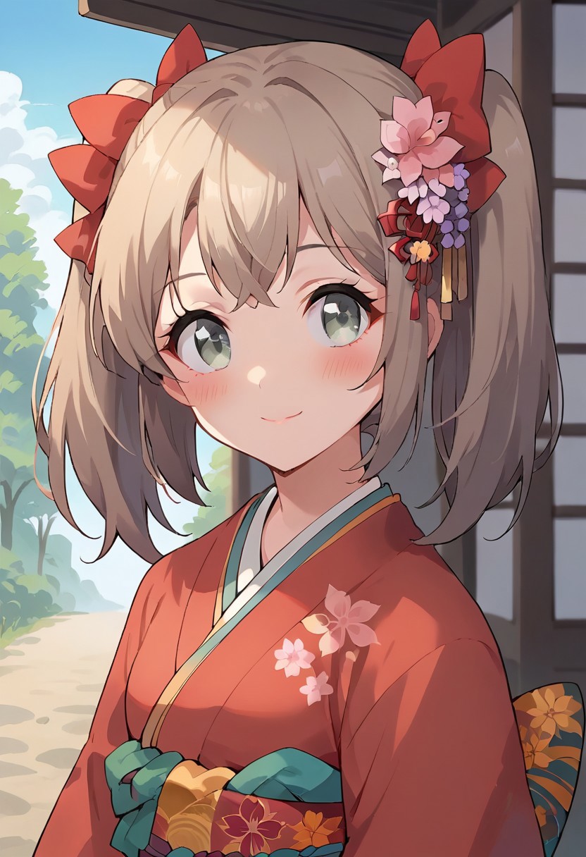 score_9, score_8_up, score_7_up, source_anime,latina, 1girl, solo, looking at viewer, blush, smile, hair ornament, bow, twintails, closed mouth, upper body, flower, hair bow, japanese clothes, hair flower, kimono, red bow, floral print, red kimono, grey eyes.outdoors