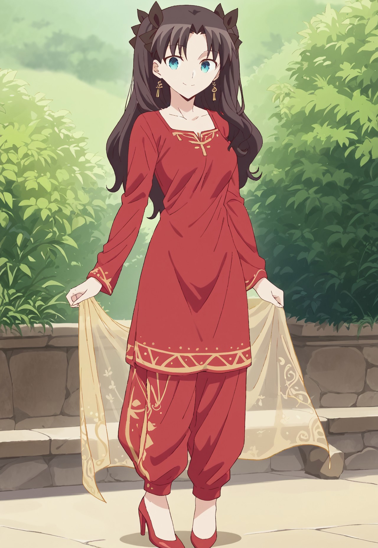 safe_pos, 1girl, solo, score_9_up, score_9, source_anime,  rin tohsaka, long hair, blue eyes, black hair, ribbon, hair ribbon, two side up, medium breasts, anime screencap, closed mouth, smile, looking at viewer, standing,  medium breast, fullbody  , depts of field, expressiveh, <lora:Salwar_kameez:1> Traditional Indian, red tunic, intricate neckline, blue trousers,  plain earrings, high heels, Salwar kameez, sheer sleeves, Sheer , Deep V-neckline , plain dress,  shawl on chest, transparent shawl 