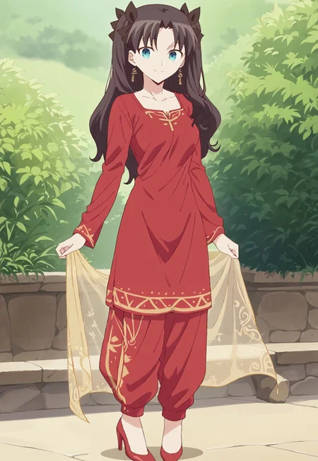 safe_pos, 1girl, solo, score_9_up, score_9, source_anime, rin tohsaka, long hair, blue eyes, black hair, ribbon, hair ribbon, two side up, medium breasts, anime screencap, closed mouth, smile, looking at viewer, standing, medium breast, fullbody , depts of field, expressiveh, <lora:Salwar_kameez:1> Traditional Indian, red tunic, intricate neckline, blue trousers, plain earrings, high heels, Salwar kameez, sheer sleeves, Sheer , Deep V-neckline , plain dress, shawl on chest, transparent shawl