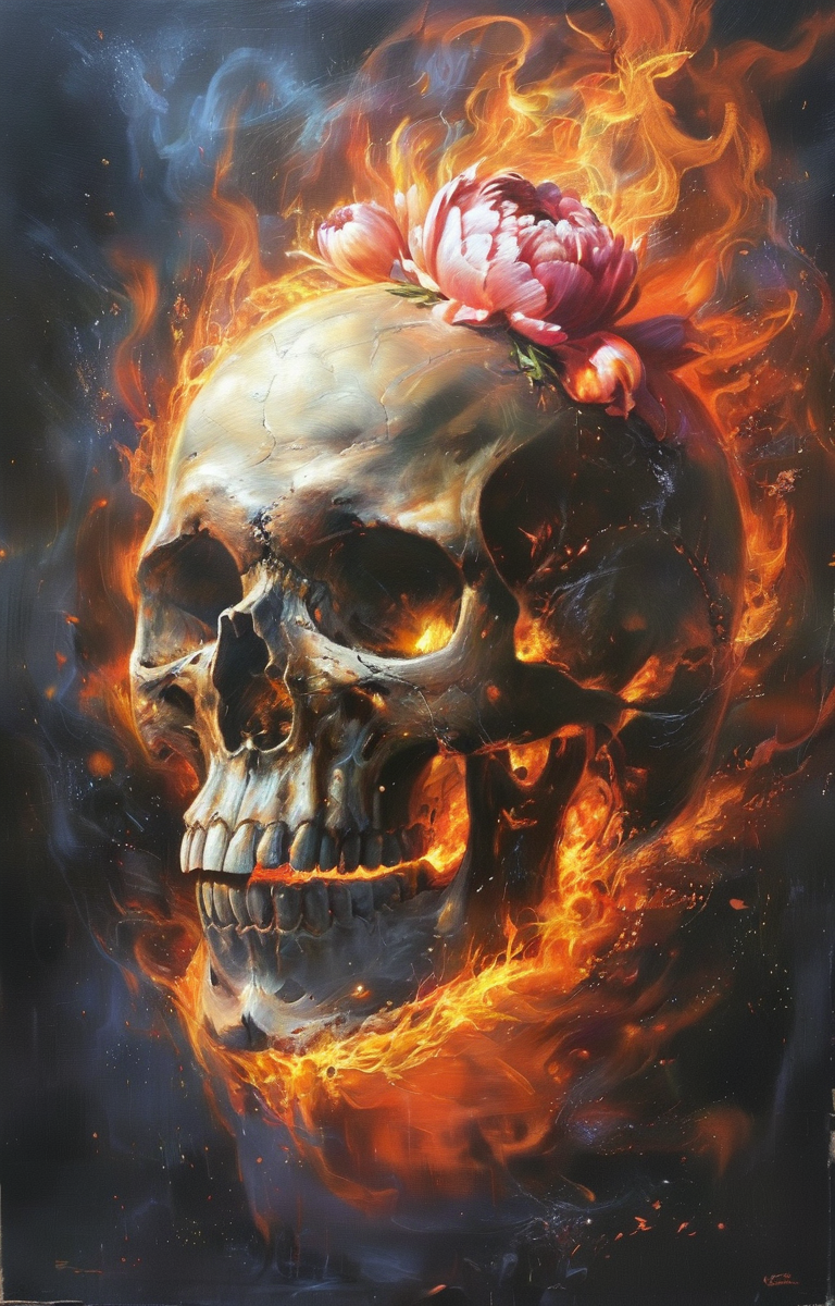 masterpiece,best quality,<lora:tbh60-sdxl:0.75>,burning skull decaying peonies