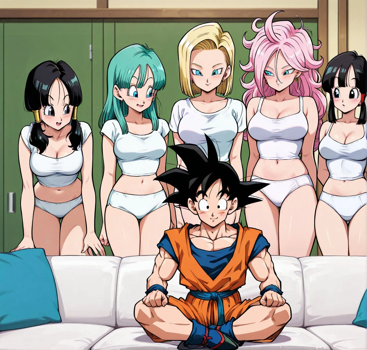masterpiece, best quality, newest, absurdres, highres, detailed eyes, beautiful, detailed background, perfect eyes, anime coloring, anime screencap,
<lora:Piper_Perri_surrounded:0.8>Piper_Perri_surrounded,
Piper Perri surrounded , wide shot,
surrounded by five female,5girls,1boy,
shirt,shorts,full body,underwear only, standing female,
a boy sitting cross-legged on the couch,
both legs folded and crossed in front of her body,
BREAK
android 18 (dragon ball), blonde hair,
bulma (dragon ball) ,green hair,
Videl (dragon ball), black hair,
chi-chi (dragon ball),black hair,
android 21 (dragon ball), pink hair,
BREAK
son son goku,
dragon ball,official art,