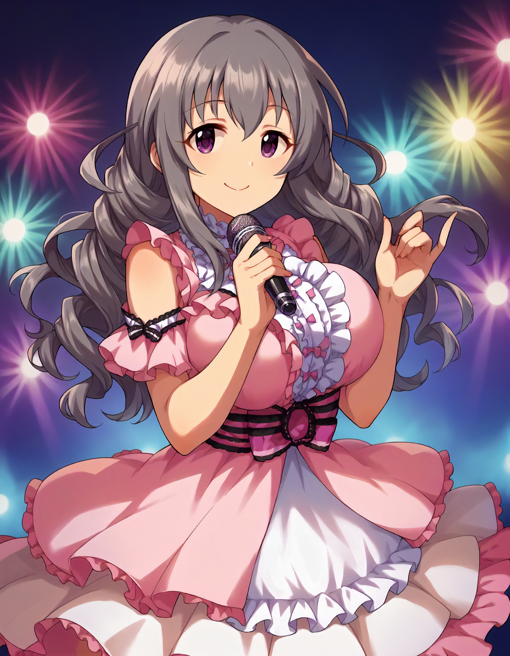 score_9,score_8_up,score_7_up,1girl,solo,cowboy shot,looking at viewer,smile,closed mouth,stage lights,holding microphone,
<lora:sakakibarasatomi_ponyXLV6:0.8>,cgssm,grey hair,long hair,purple eyes,big breasts,
pink dress,frills