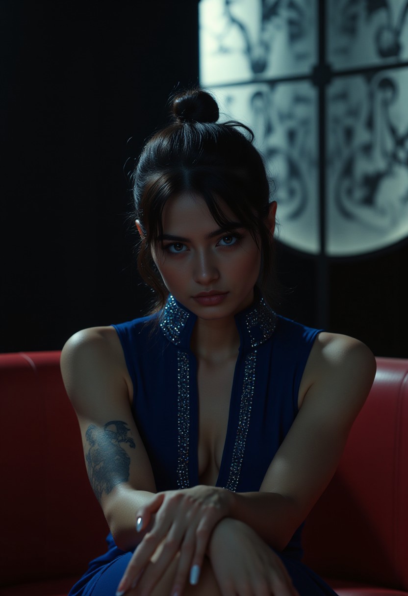 professional photo. cinematic style. masterpiece.
The front view is close, at eye level. This is a shot from a movie with a seductive turkish woman with blue eyes, sitting in a darkened environment, long black hair with ponytail.  She is wearing a strict sexy blue tight-fitting dress with tiny stones decorations, cleavage and an opened collar to the middle of her thighs. charismatic tatoo on her left arm. Relaxed pose, bare arms, hands resting on the railing of the sofa.  She crossed her legs. Feminine figure, wide hips. Perfect hands with white colored nails. She has a confident expression on her face and playful twinkles in her eyes, Looking at us. perfect makeup on her face with mascara and eyeshadow. The sofa she's sitting on is red colored leather. The overall atmosphere of the shot is seductive sophistication and cold passion, minimalism and clean lines. exquisite seduction. The frame of the film is made qualitatively, professionally, with a clear focus. (woman is brightly illuminated by soft artificial light from above). 
The background is made in a minimalist style, with a gradient of dark white tones, far behind in defocus is an illuminated wall of complicated panels, which enhances the airy atmosphere of the scene and the depth of field. The overall composition looks cinematic.  Beautiful bokeh. Hollywood Cinematic Film style.  indirect sexy lights.  light focus on the subject.
(depth of field), aidmamj6.1