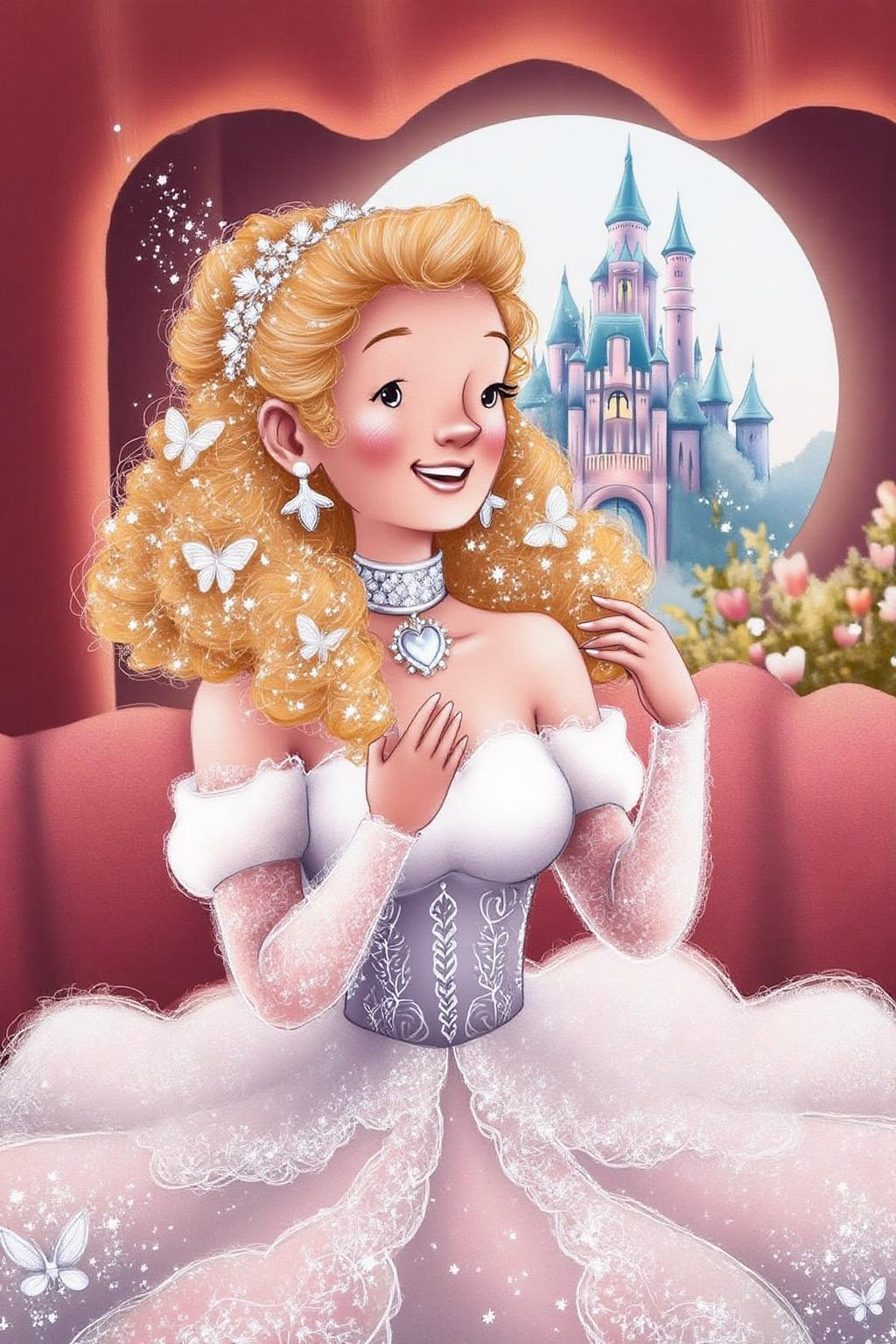 illustration.
A princess inside a carriage. She has curly blonde hair adorned with a delicate, sparkling tiara. She has a gentle, joyful expression and is dressed in a flowing, white, off-the-shoulder gown with intricate lace detailing. Her dress is adorned with a large, sparkling choker necklace and matching earrings. There is a castle in the distance, visible through the carriage window. <lora:alicesa1_cap_d6a3:1.0><lora:830702681703169512:0>