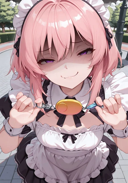 masterpiece, best quality, amazing quality, solo, aged up, CivChan, purple eyes,pink hair, maid outfit, small breasts, park, from above, shaded face, smug, head tilt, cpbt, crime prevention buzzer, holding, pulling