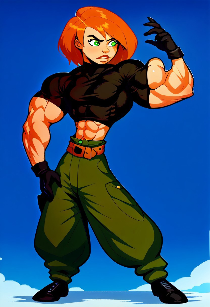 score_9, score_8_up, score_7_up, source_anime,
1girl, Kim, orange hair, green eyes, black shirt, midriff, belt, green pants, black gloves, black shoes, <lora:BigPecsGirl_v2_ponyXL:1>, muscle growth, female muscle growth,