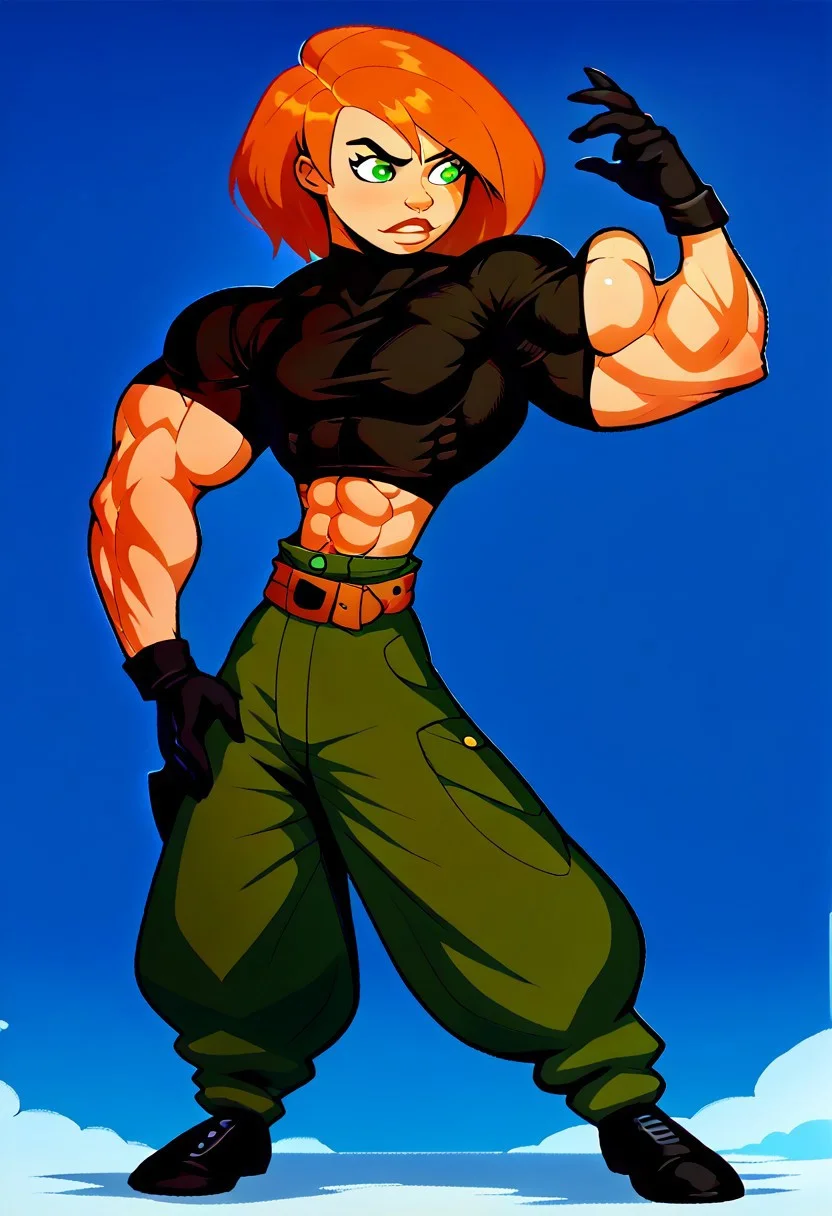 score_9, score_8_up, score_7_up, source_anime,
1girl, Kim, orange hair, green eyes, black shirt, midriff, belt, green pants, black gloves, black shoes, <lora:BigPecsGirl_v2_ponyXL:1>, muscle growth, female muscle growth,