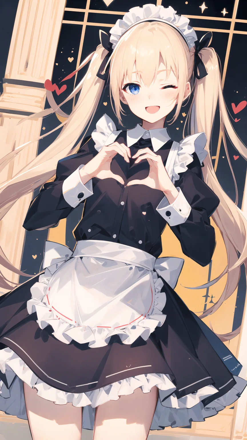 masterpiece, best quality, 1girl, smile, one eye closed, dutch angle, blonde hair, twintails, blue eyes, cowboy shot, maid dress, heart hands, <lora:animetarotV41:1>