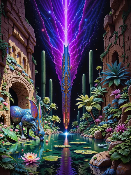 extremely detailed alcohol ink and watercolor painting on rough watercolor paper, pulp aesthetic, the composition follows the golden ratio, the focus is a beautiful, peculiar, gargantuan, primordial creature with a long neck, faintly crimson glowing eyes and overlapping iridescent shimmering blue-green scales in a lush, paradisiacal oasis, teeming with life, hidden within a barren badlands valley of an alien planet, under an awe-inspiring otherworldly night sky illuminated by a vibrant galactic nebula, the oasis sits at the valley's heart, its still waters reflect the cosmos above, vibrant foliage in deep greens, blues, and purples surrounds the water, contrasting against the rough, jagged stone of the valleyâs cliffs, the cliffs loom over the oasis, their rocky surfaces weathered and etched with time, casting deep shadows and adding a sense of isolation, at the center of the oasis, a towering primordial creature drinks from the spring, its ancient form dominating the wildness of the oasis, a rare sight, it stands as a guardian of this secluded paradise, adding an air of mystery and awe, the creature is gigantic, with a powerful yet graceful form, its iridescent scales reflecting subtle hints of the nebulaâs colors, its posture is calm, exuding a sense of ancient wisdom, with crimson glowing eyes hinting at awareness of its surroundings, slightly elevated, wide-angle shot, capturing both the oasis in full view and the surrounding badlands cliffs, emphasizing the oasis's lushness against the desolate valley, diffused, cosmic lighting from the nebula bathes the scene in a surreal glow, casting hues of violet, blue, and pink across the oasis, the light is soft and mystical, with subtle reflections and shimmers on the water, dappled illumination creates pockets of light and shadow on the creature's form and the lush foliage, contrasting with the deep shadows along the cliff walls, exaggerated color contrasts between the vibrant oasis and the dark valley stone, highly atmospheric, masterful composition, mystical, otherworldly, in the style of ck-ovf, <lora:epic_gorgeous_details-balance-flux-by_flyway:0.88> <lora:style-oneviolentfantasy-ep21-flux-by_chronoknight:0.8>
