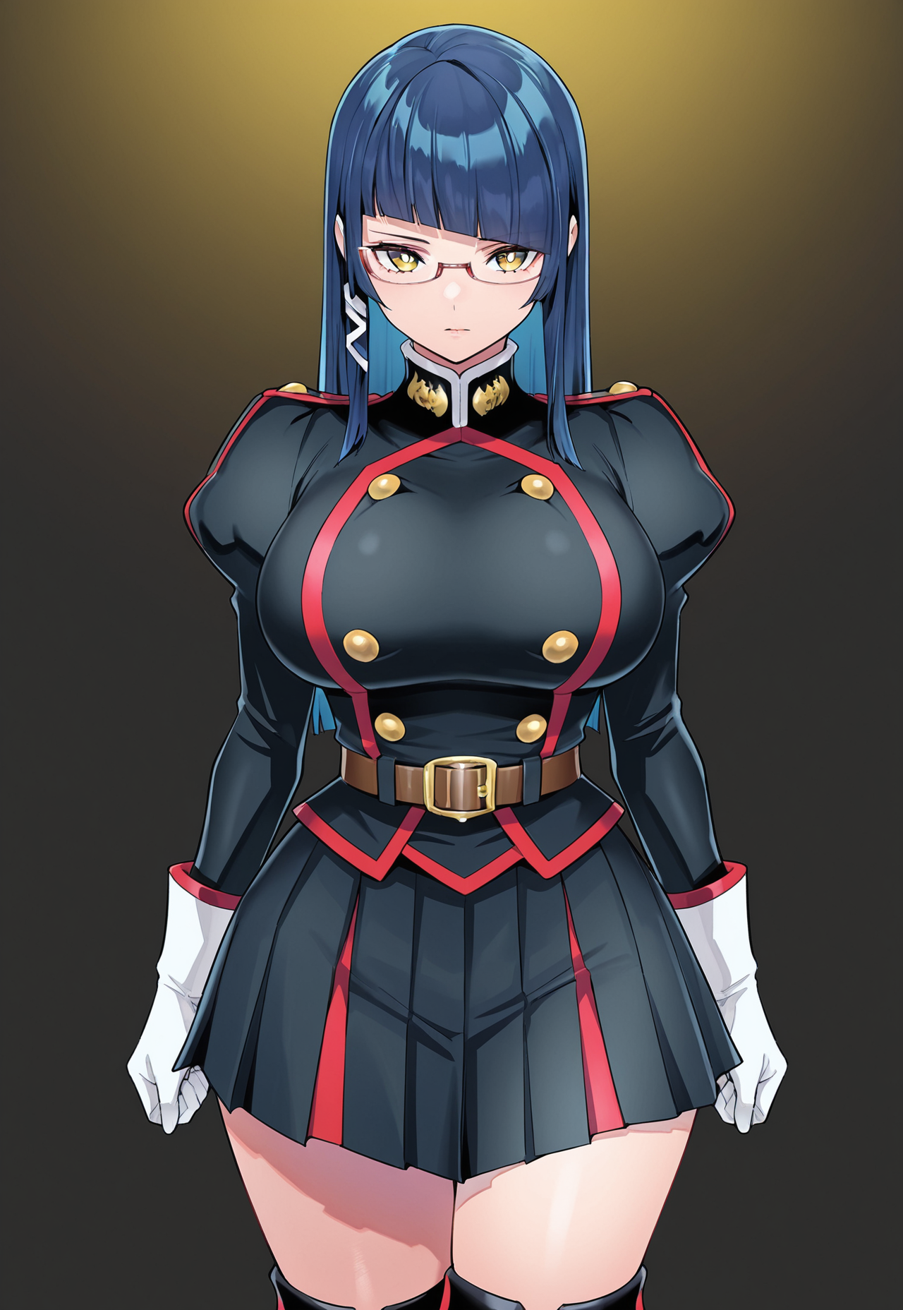 masterpiece, best quality, amazing quality, 1girl, solo, detailed beautiful eyes, white pupils, maia azuma, long straight blue hair, angled straight bangs, white ribbon in hair, glasses, narrow yellow eyes, large breasts, wide hips, manga, full colour, black long sleeve military uniform with red trim and gold buttons, puffy shoulders, white gloves, short black skirt with red trim, brown belt with gold buckle, black thigh high boots with gold buckle, standing pose, neutral expression, hands at sides








