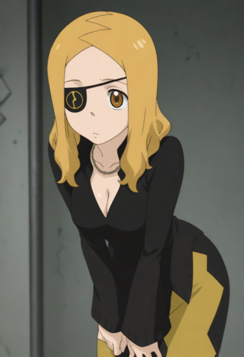 masterpiece, best quality, amazing quality, 1girl, solo,,, shiny skin,,,<lora:Marie_Mjolnir:1>mmjolnir, blonde hair, long hair, brown eyes, right eyepatch,, cleavage, necklace, black dress , gold skirt, long skirt, long sleeves, jewelry,