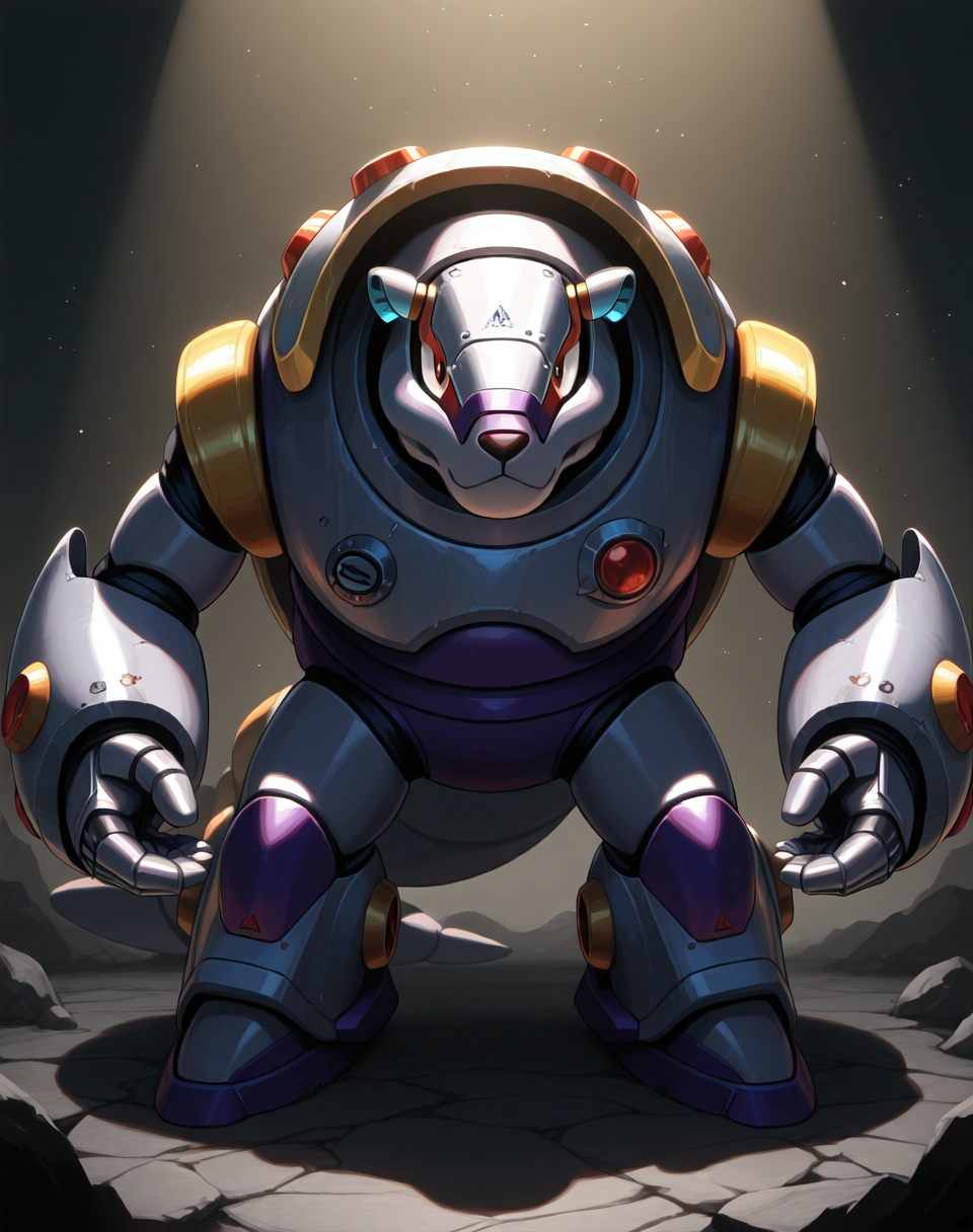 <lora:Armored_Armadillo_(Mega_Man_X)_(Illustrious)_(AD):1> Armored Armadillo, reploid, MMX, 
exterior, anime style mine background with spacious open space, heavy industry, mine carts, mine cart rail, 
male focus, intense shadows, dynamic shadows, intricate details, attention to details, gradient coloring, robot, 
BREAK very awa, masterpiece, best quality, amazing quality, very aesthetic, highres, absurdres, 
EZRealPONYXL, zPDXL, Smooth Quality, lazynsfw,