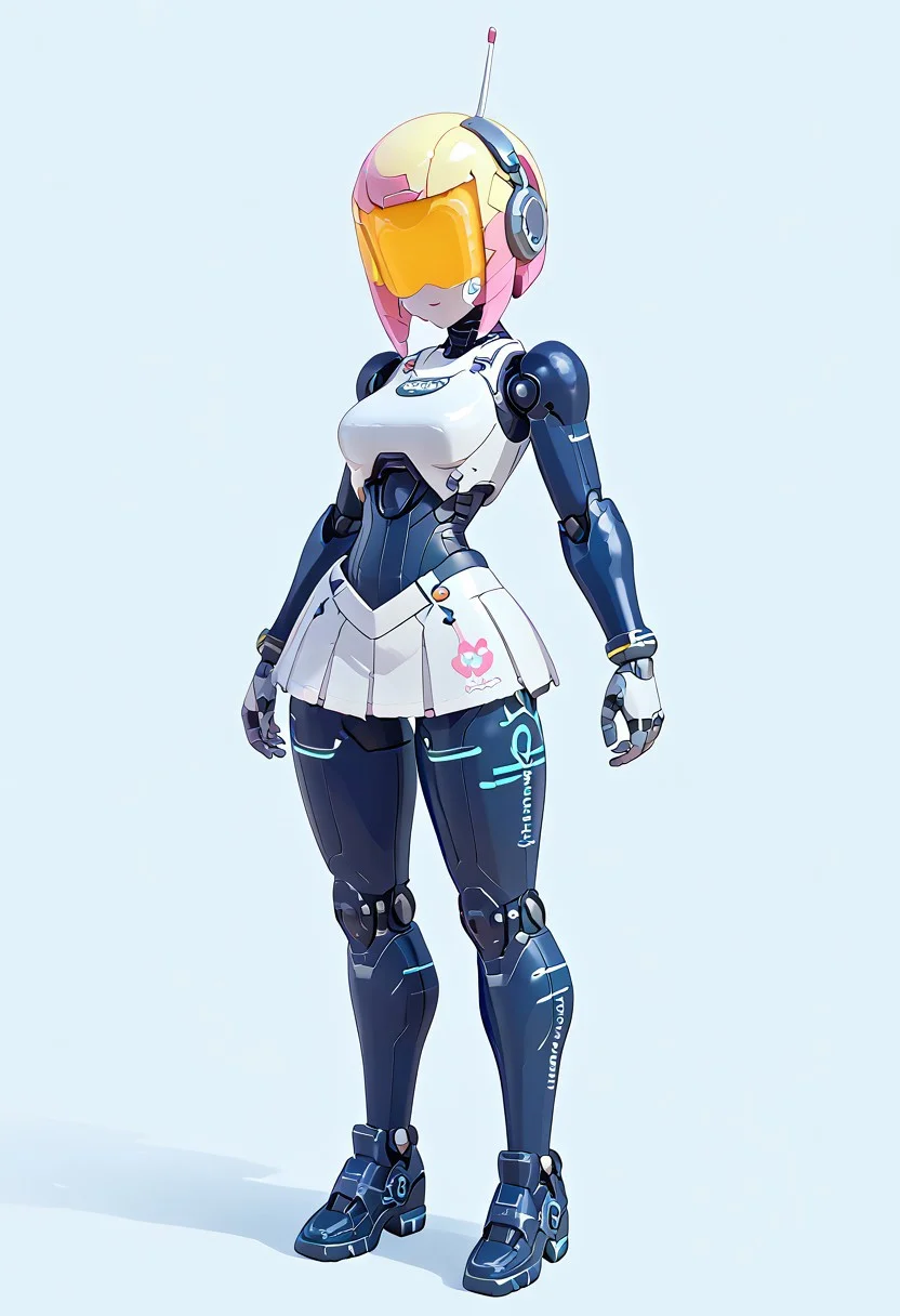 robotic woman. a pretty pastel coloured drawing showing a detailed close-up of a feminine robot featuring a curvaceous form wearing a short pleated skirt and thigh-high stockings. Her exposed mechanical insides consists of intricately connected pastel-colored components visible through transparent panels. The exoskeleton features color-blocked sections in mint green, powder pink, and pale yellow, with delicate seams and intricate mechanical details. Exposed circuitry glows with holographic rainbow highlights between armor plates. The short skirt fabric flows with a metallic sheen, while sheer holographic thigh-high stockings with pastel trim hug her mechanical legs, revealing glimpses of the complex mechanical structure beneath. The stockings feature intricate geometric patterns that glow with rainbow iridescence. The composition is set against a gradient background of cotton candy pink to powder blue with pop art dots. Artificial directional lighting emphasizes the detailed mechanical anatomy and creates playful reflections across the pastel surfaces.
wide womanly hips, thick soft womanly thighs
Robot Skin, Android Skin
pastel style, pastel goth, Robot Girl, Robogirl, noface, cyborg