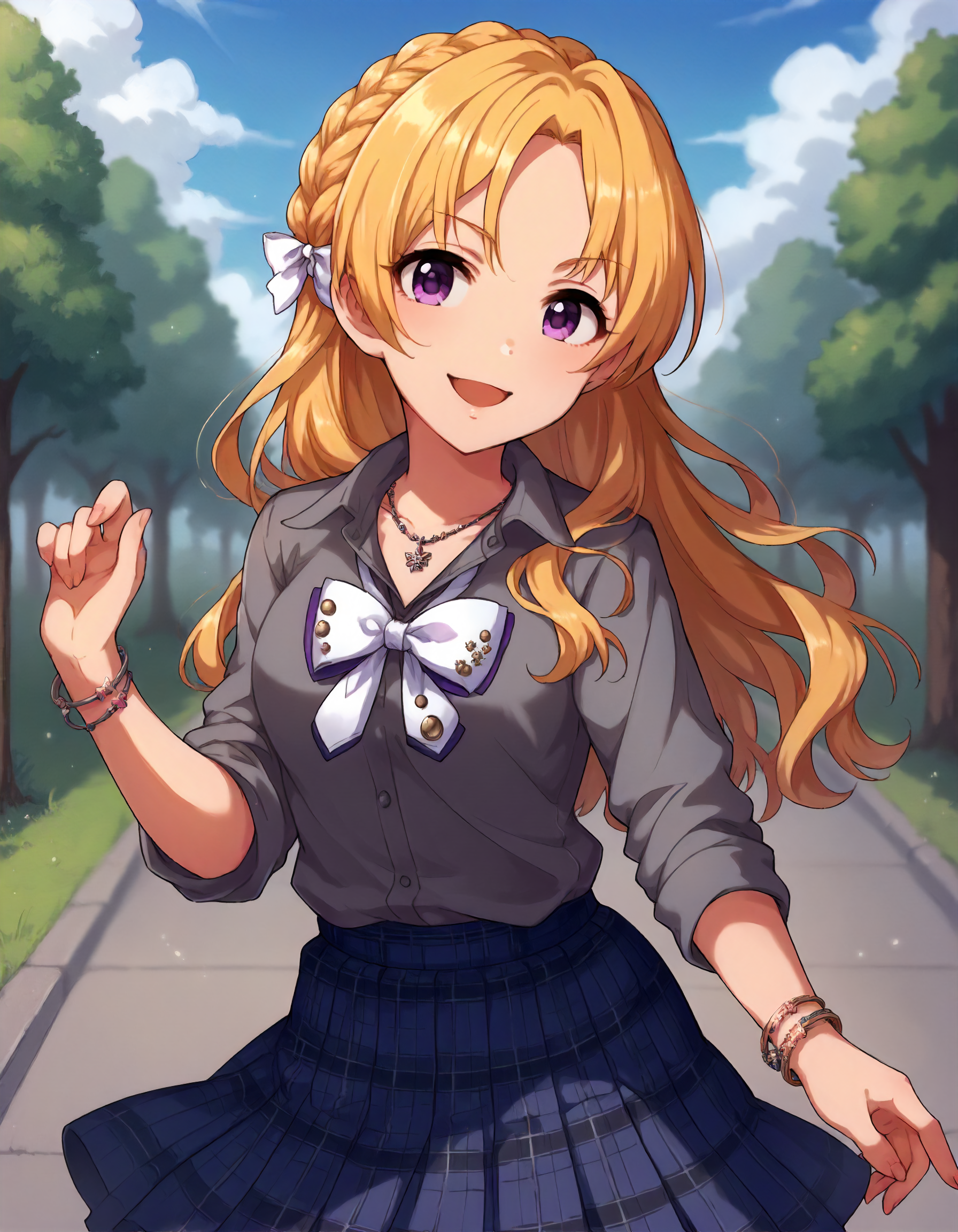 score_9,score_8_up,score_7_up,1girl,solo,cowboy shot,looking at viewer,smile,open mouth,outdoors,
<lora:kiryuutsukasa_ponyXLV6:0.8>,cgkt,blonde hair,parted bangs,long hair,braid,purple eyes, 
white bow,necklace,grey school uniform,bracelet,blue skirt,plaid skirt