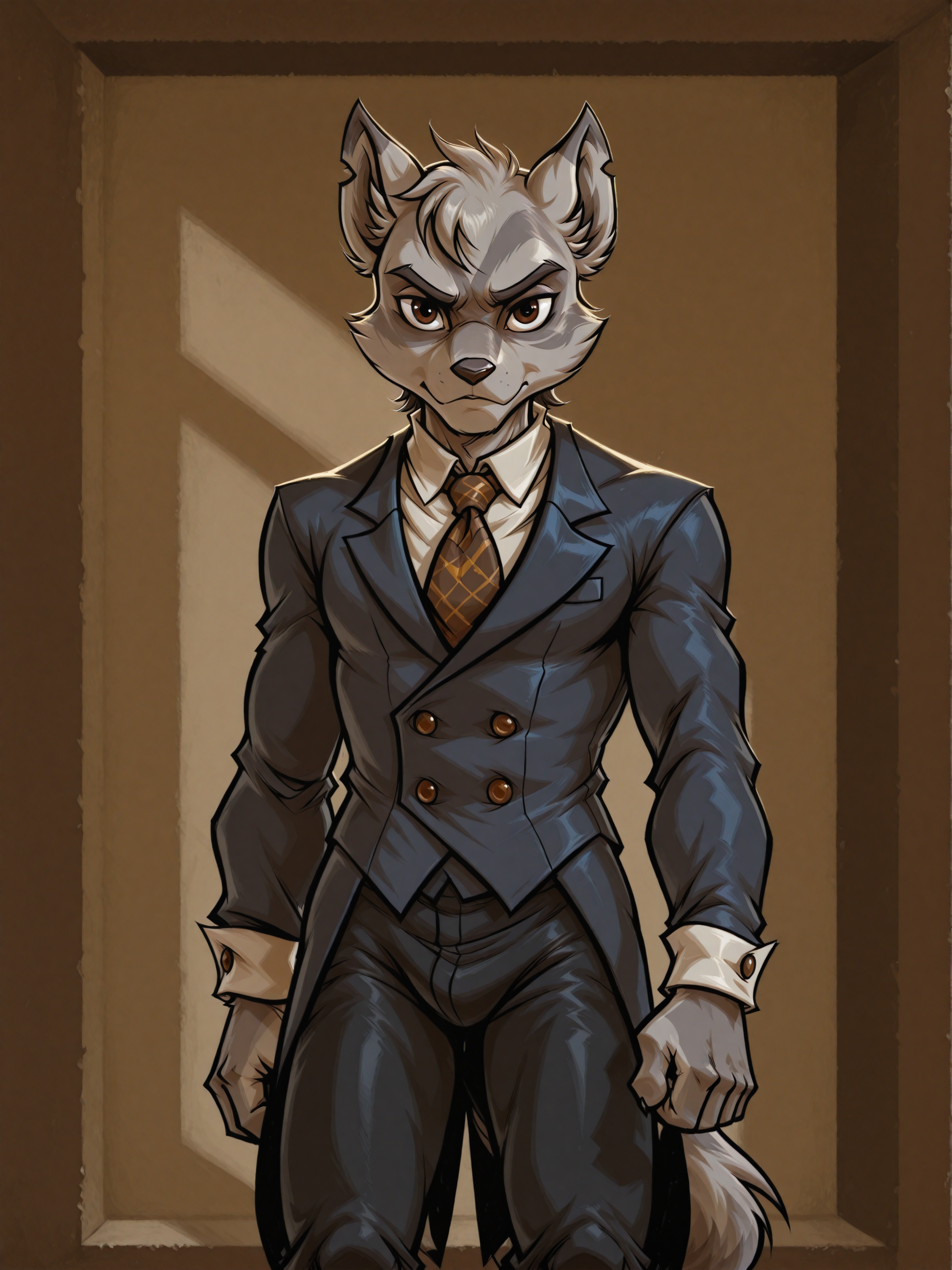 ILXLpos,tailcoat,looking at viewer,sly1, racc00n, grey fur, brown eyes,solo,black pants,arms at sides,necktie,<lora:Sly Cooper:0.5>