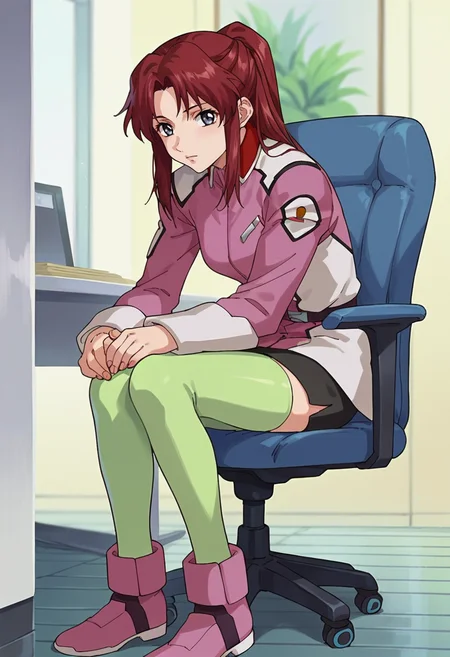 score_9,score_8_up,score_7_up,score_6_up,score_5_up,score_4_up,anime coloring,source_anime,<lora:Flay_Allster_Gundam_SEED_Pony:0.8>,flay,1girl,solo,grey eyes,red hair,high ponytail,pink jacket,black miniskirt,sitting,green thighhighs,pink boots,indoors,office,looking_at_viewer,