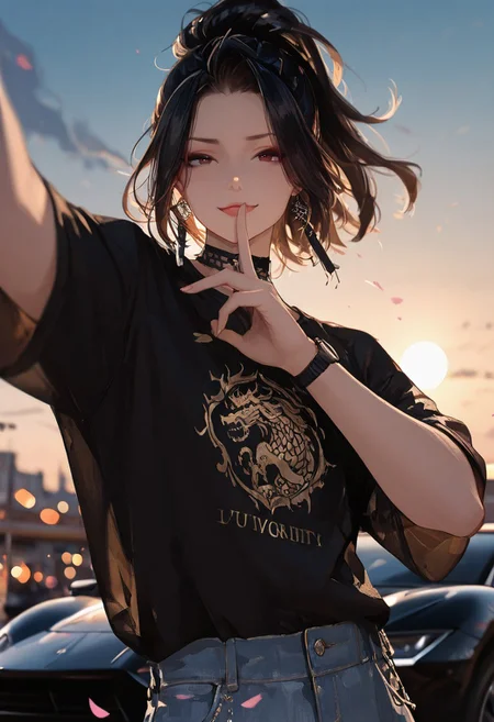 masterpiece, best quality, good quality, very aesthetic, absurdres,
newest, 8K, depth of field, focused subject,visual storytelling,dynamic composition,
close up, stylized, scenery, bokeh,blurred background,
Black Myth Wukong, male sun wukong,
chinese mythology,( dynamic pose:1.3), smirking face,
upper body focus,
casual clothes, wearing luxurious jeans and luxurious black t-shirt with gothic design, expensive black watch
windblown hair,
dramatic sky, celestial clouds, floating mountains, mythic scale, sakura petals, mystic mist,
cinematic composition, backlighting, volumetric light, vegas city scene, symbolic environment, god-tier illustration,(sketch:1.3), taking a selfie in front of a lamborghini aventador with spoiler and body kit (car is black, chrome carbon fiber details), night scene under the moon