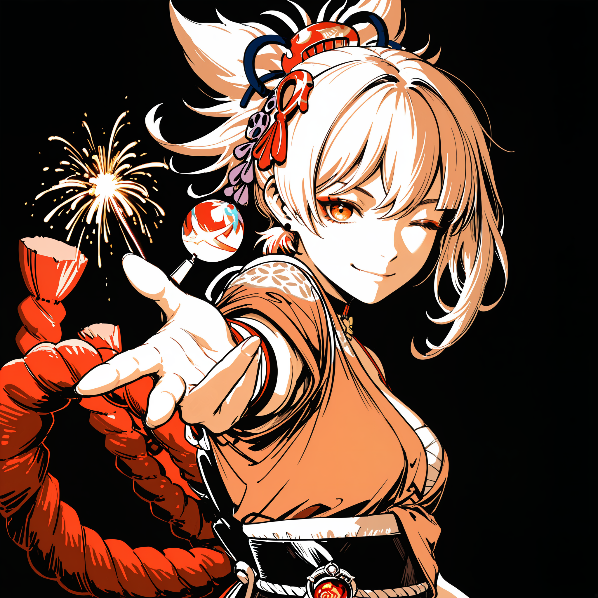 masterpiece, best quality, amazing quality, good quality, very awa, newest, highres, absurdres, xgitsx, partially colored, muted color, yoimiya,1girl,
hadanugi dousa,looking at viewer,one eye closed, open hand,reaching, reaching towards viewer,smile,upper body, vision (genshin impact),
(Blooming fireworks background:0.85),(simple background), foreshortening, from side, black background,
<lora:illustriousXL_stabilizer_v1.23:0.3> <lora:äºæ¸¸æ··å:0.85> <lora:ghostintheshell-standalonecomlpex:0.7> <lora:FXP02_Lokr_f4-000016:0.85> <lora:Face_Enhancer_Illustrious:0.6>