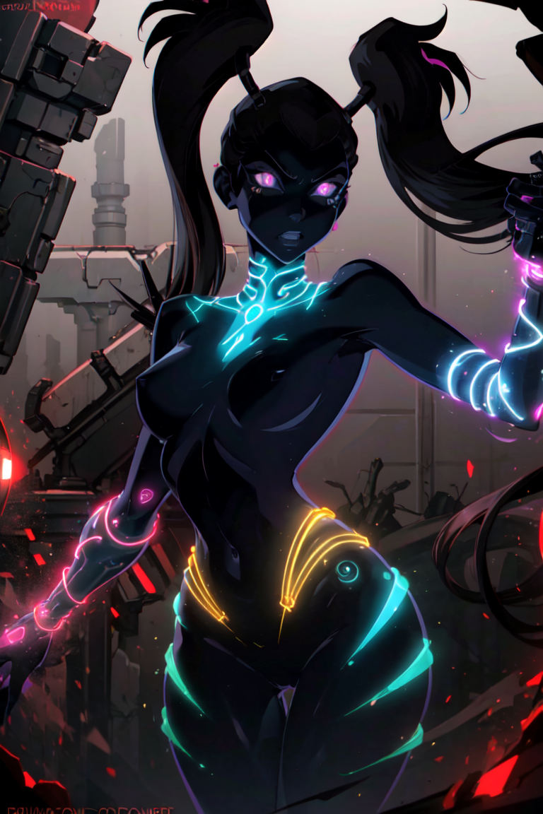 (MegaTrix:1.5), twin tails, black hair, very long hair, purple skin, (glowing purple eyes), (realistic:1.2), (masterpiece:1.2), (full-body-shot:1),(Cowboy-shot:1.2), dark romantic lighting, neon lighting, (highly detailed:1.2),(detailed face:1.2), (gradients), colorful, detailed eyes, (natural lighting:1.2), solo, sfw,  <lora:add_detail:0.3> <lora:BeautifulEyes:0.6> <lora:WinxClubMegaTrix-10:0.8>