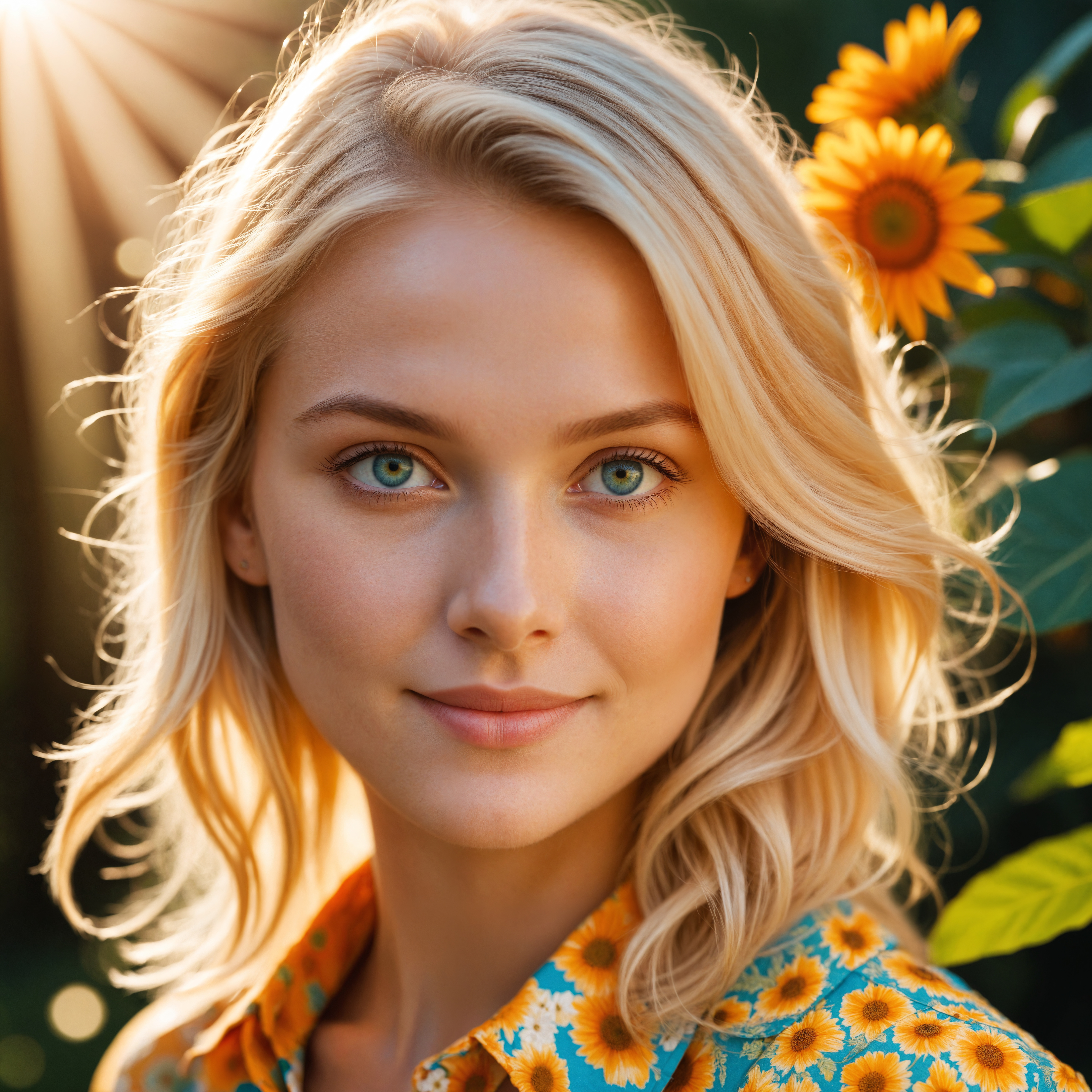 cinematic photo Cinematic film still of an 18-year-old blonde woman with sun-inspired macroscopic patterns. Bright blue eyes. Highlight concentric circles, radiating sunbeams, and floral patterns in her clothing and background, using a summery palette of warm yellows, oranges, and soft greens. smiling. Aim for a serene expression and warm, diffused lighting to emphasize the delicate sun-inspired textures. Cinematic photorealistic, 8k UHD natural lighting, raw, rich, intricate details, key visual, atmospheric lighting, 35mm photograph, film, bokeh, professional, 4k, highly detailed. Shallow depth of field, vignette, highly detailed, high budget, bokeh, cinemascope, vibrant, epic, gorgeous, film grain, grainy., cinematic  photorealistic, 8k uhd natural lighting, raw, rich, intricate details, key visual, atmospheric lighting, 35mm photograph, film, bokeh, professional, 4k, highly detailed, cinematic, colorful background, concept art, 8k, dramatic lighting, high detail, highly detailed, hyper realistic, intricate, intricate sharp details, octane render, smooth, studio lighting, trending on artstation. . 35mm photograph, film, bokeh, professional, 4k, highly detailed