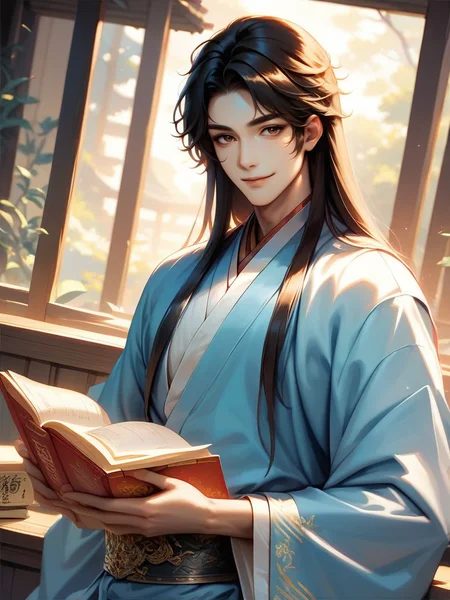 score_9, score_8_up, score_7_up, 1boy, reading a book, looking at viewer, cowboy shot, smile, cute, wide shot, solo, dutch angle, detailed background,,
<lora:ADonghuaMaleXL_style:1>,DonghuaXLP, long sleeves, long hair, black hair, brown eyes, japanese clothes,