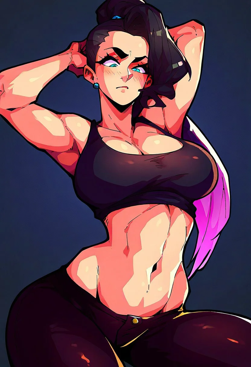 score_9, score_8_up, score_7_up, 
1girl, solo, 
black clothes, black background, black hair, 
tanktop, black tanktop, black pants, 
midrif, belly, 
black clothes blending into the black bachground,
witchking00
