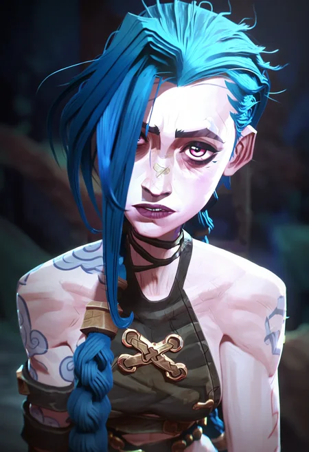 score_9, score_8_up, score_7_up,
<lora:Arcane:1> arc4n3,
1girl, jinx, (league of legends), solo, asymmetrical bangs, bare shoulders, hair over one eye, tattoo, blue hair, long hair, braid, pink eyes, portrait, looking at viewer, twin braids, blurry background, collarbone, shoulder tattoo