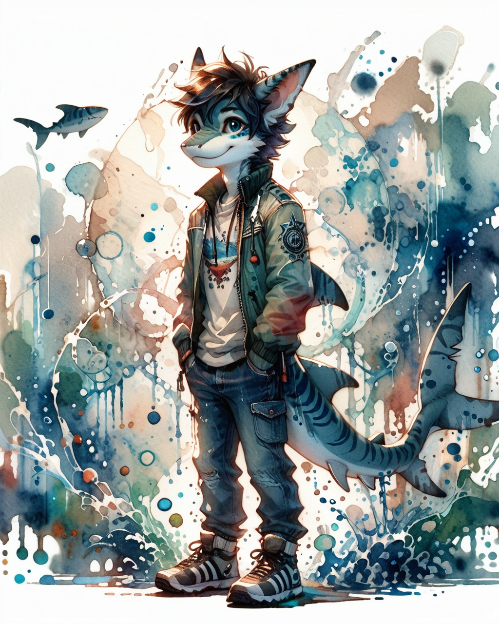 score_9, score_8_up, score_7_up, intricate details, rating_safe,
<lora:SoftWatercolors:1>, SoftWaterColor, 1boy(,
anthro furry, shark, 
full body, looking at the viewer, solo, friendly expression), detailed background, depth of field, subsurface scattering, 
<lora:ral-chrosc-clr:0.3>, ral-chrosc-clr,
<lora:xl_more_art-full_v1:0.3>,
<lora:add-detail-xl:0.3>