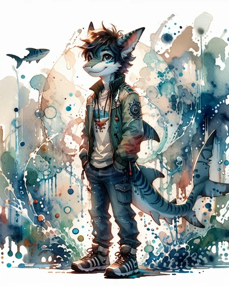 score_9, score_8_up, score_7_up, intricate details, rating_safe,
<lora:SoftWatercolors:1>, SoftWaterColor, 1boy(,
anthro furry, shark,
full body, looking at the viewer, solo, friendly expression), detailed background, depth of field, subsurface scattering,
<lora:ral-chrosc-clr:0.3>, ral-chrosc-clr,
<lora:xl_more_art-full_v1:0.3>,
<lora:add-detail-xl:0.3>