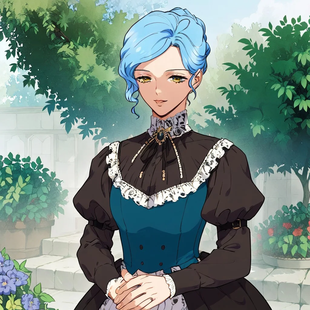 score_9, score_8_up, score_7_up, 1girl, solo, long sleeves, juliet sleeves, puffy sleeves, dress, blue hair, breast, Empmedea, outside, garden, yellow eyes,