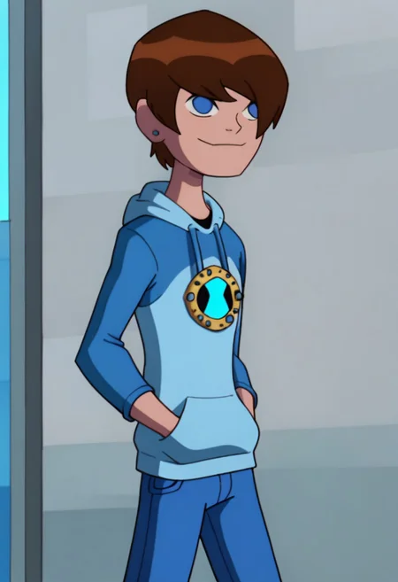Ben23,1boy,solo,brown hair,short hair,blue eyes,,blue hoodie,hands in pockets,smile